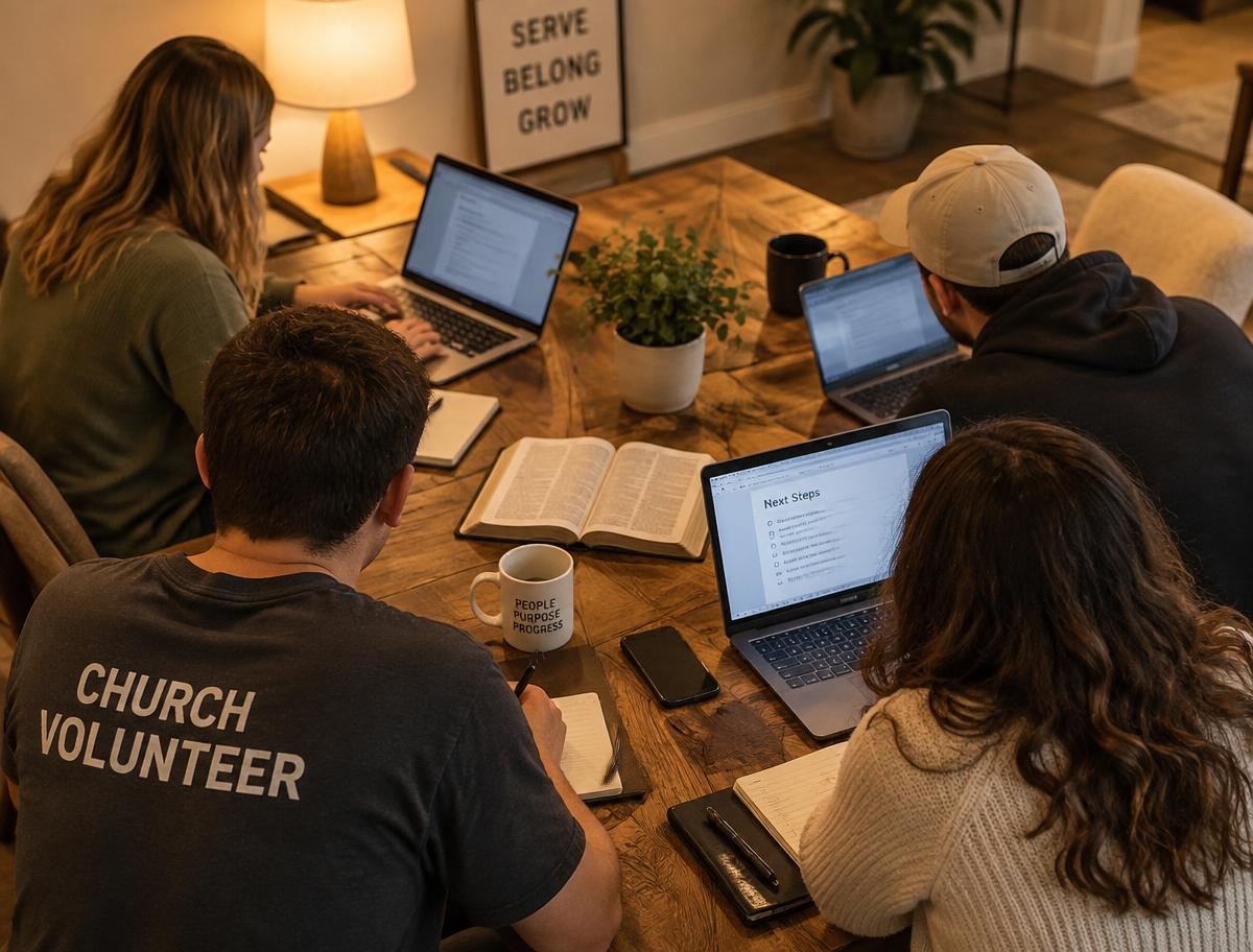 A church volunteer team gathered around a table with laptops